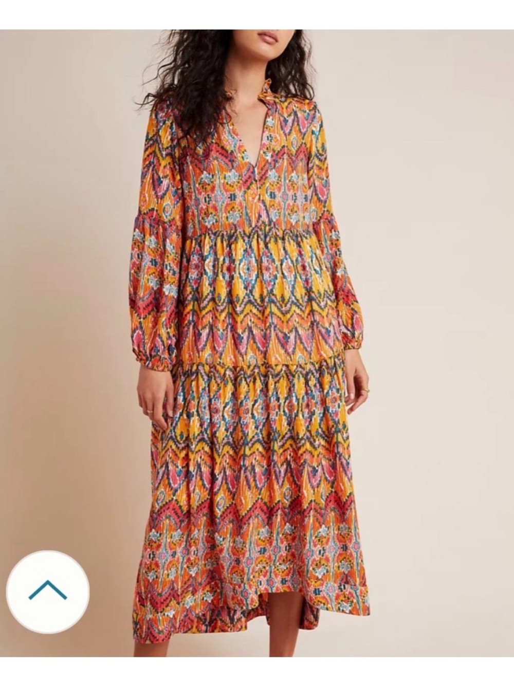 Anthropologie Maeve Boho Ikat Tiered Midi Dress Orange Long Sleeve Size 2X